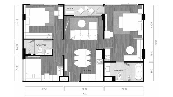 Apartment floor plan, 3 bedrooms in Vip Tropika No. 11009 (2D)