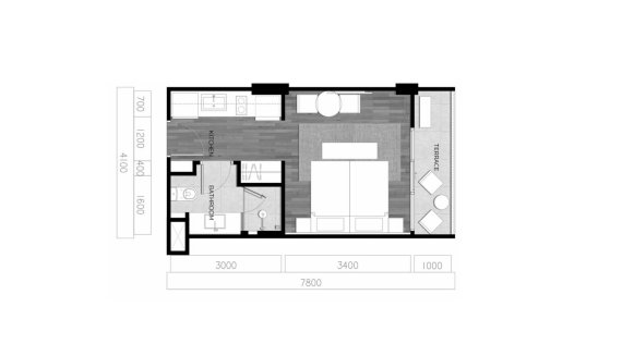 Apartment floor plan, 1 room in Vip Tropika No. 11006 (2D)